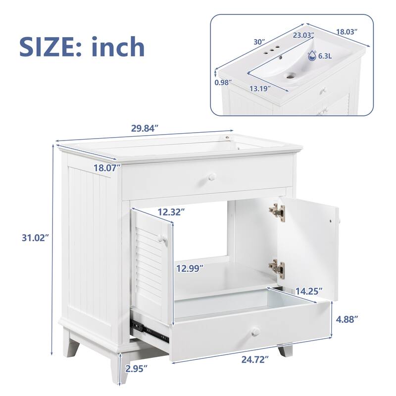30" Bathroom Vanity with Sink, Bathroom Cabinet with Two Doors and One Drawer, White