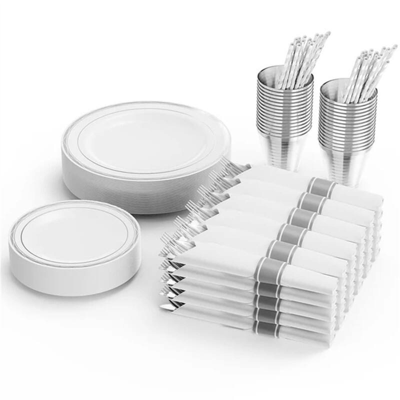 240 Pieces Silver Pre Rolled Napkins Disposable Dinnerware Set - Silver