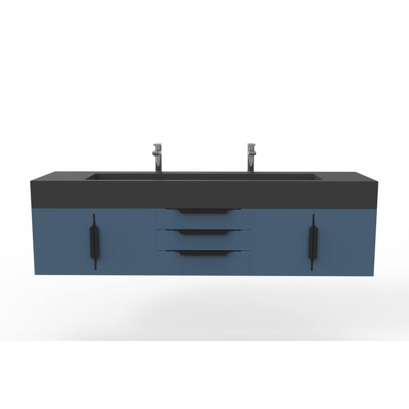 Nile 72" Wall Mounted Bathroom Vanity Set w/ Black Top - Blue - Matte