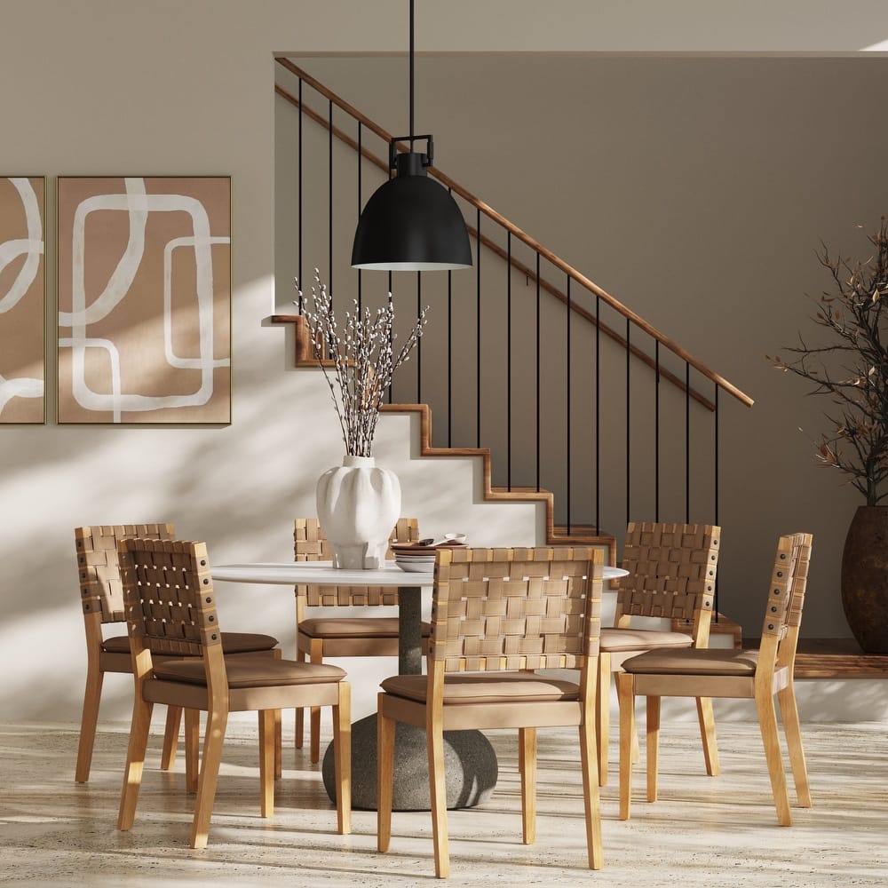 Cohen 19 in. Wood Dining Chair, Mid-Century Modern Upholstered Side Chair with Hand Woven Faux Leather Backrest