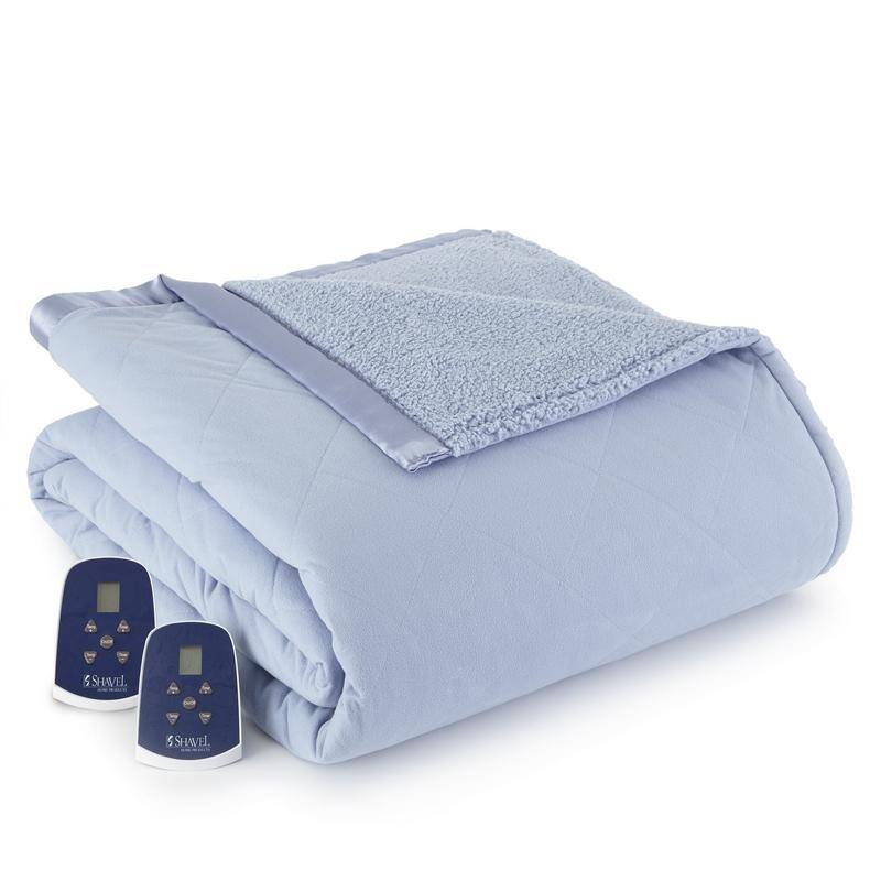 Shavel Quilted Micro Flannel® Sherpa 6-layer Heated Electric Blanket - Full - Wedgewood