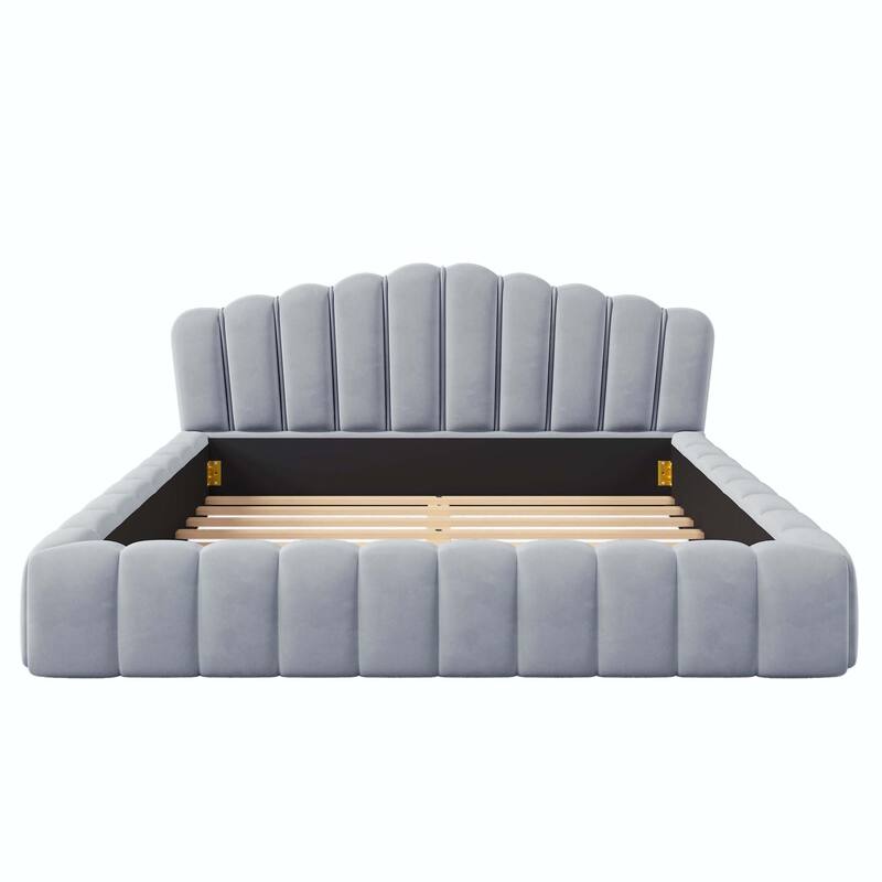 Velvet Upholstered Queen Bed Frame with Shell-Shaped Headboard - Light Blue