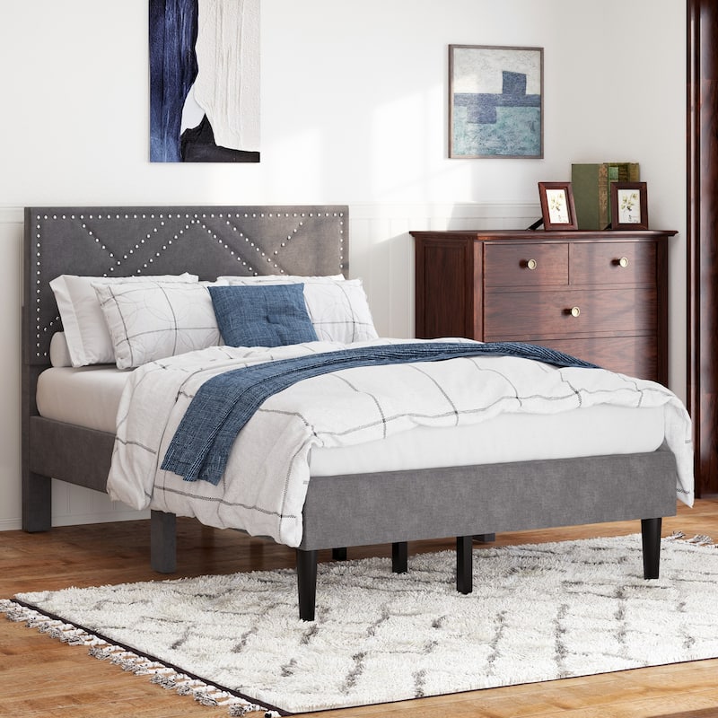 Gray Queen Size Platform Bed, Bed Frame with Linen Headboard, No Box Spring Needed, Whisper-Quiet, Under-Bed Storage