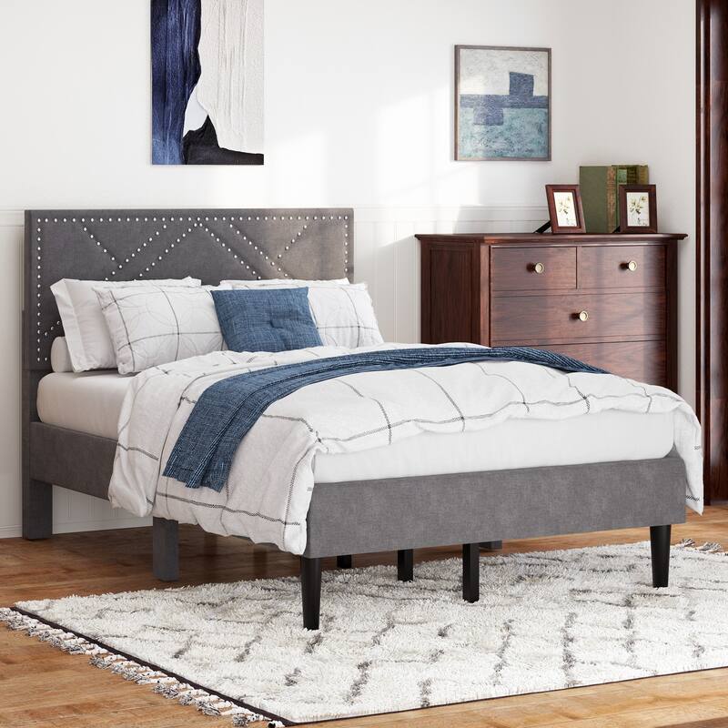 Sturdy Full Bed Frame with Linen Storage Headboard, Noise-Free, Under Bed Storage, No Box Spring Needed, Carbon Gray Finish