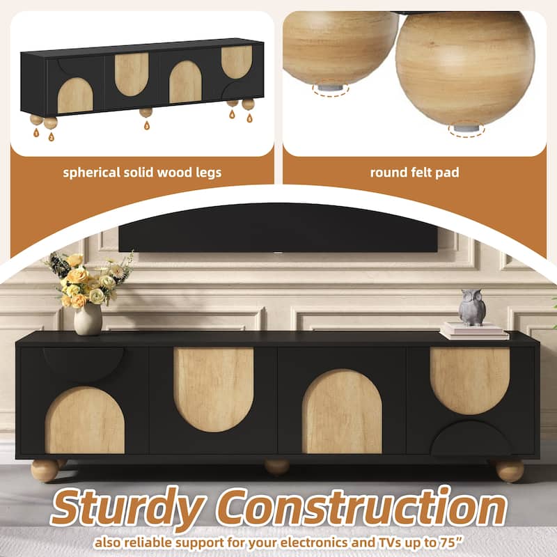 Farmhouse TV Stand with Cable Holes,Rebound Device and 5 Solid Wood Legs
