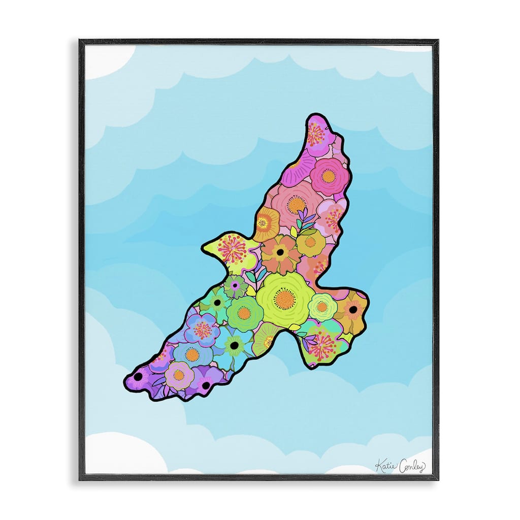 Stupell Bright Floral Bird Outline Framed Giclee Art Design By Katie Conley