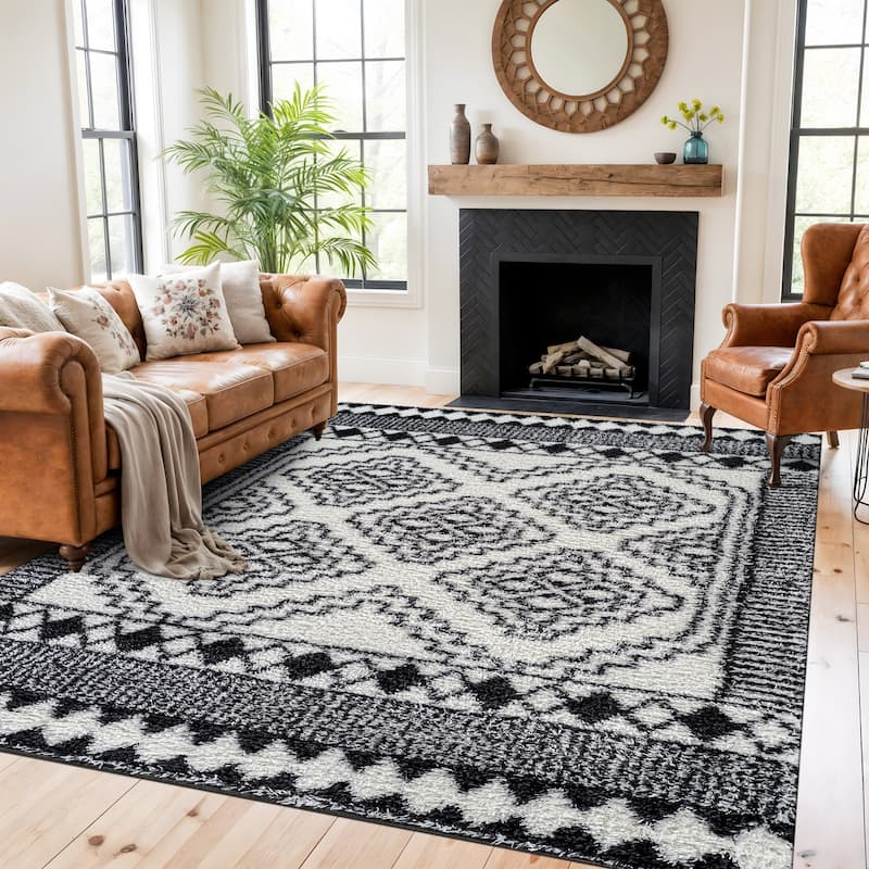Geometric Shag Rug - Anthracite Dark Gray - Durable Rug for Living Room, Bedroom, or Entryway - Easy to Maintain - White - 7' 10" x 10'
