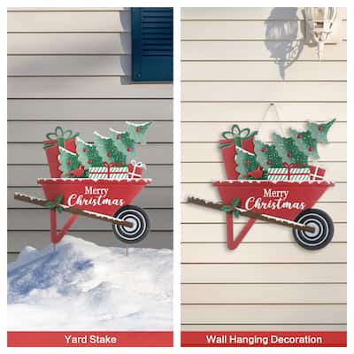 Glitzhome 30"H Metal Merry Christmas Wagon Yard Stake Wall Decor