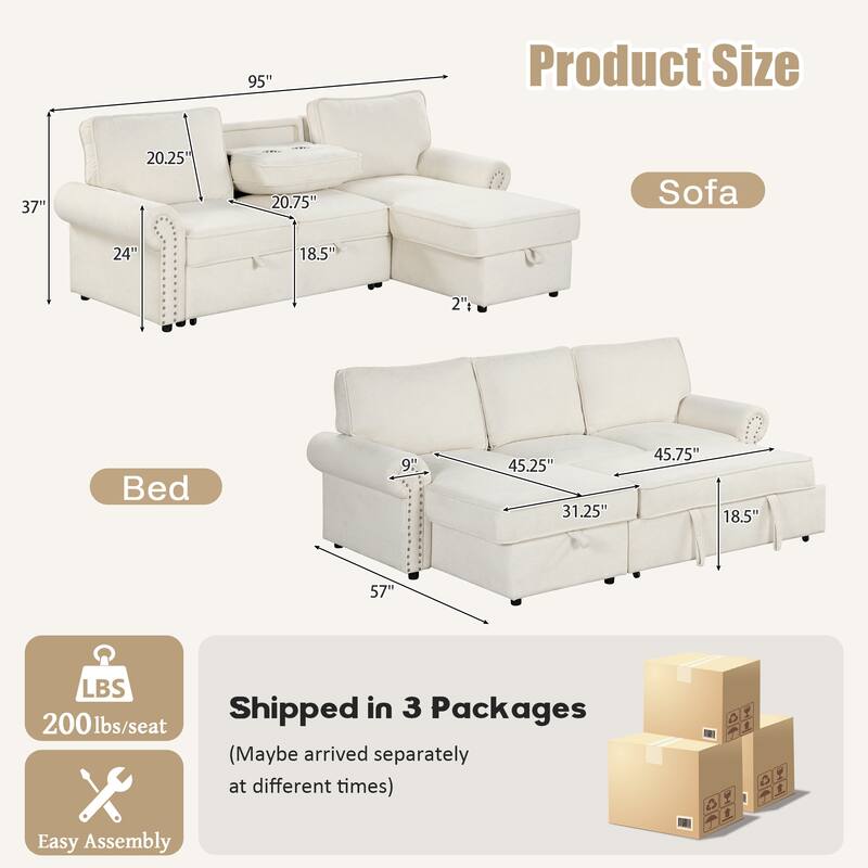 Roomfitters 95" Convertible Sectional Sleeper Sofa L-Shaped Couch with Storage Chaise and Pull Out Bed for Living Room