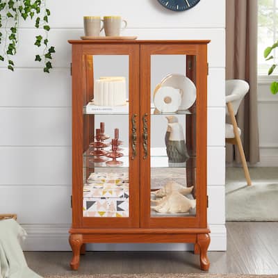 2-Door Curio Cabinet - Tempered Glass, Mirrored Back, Adjustable Shelves & Built-In Lighting (Bulb Included)‌