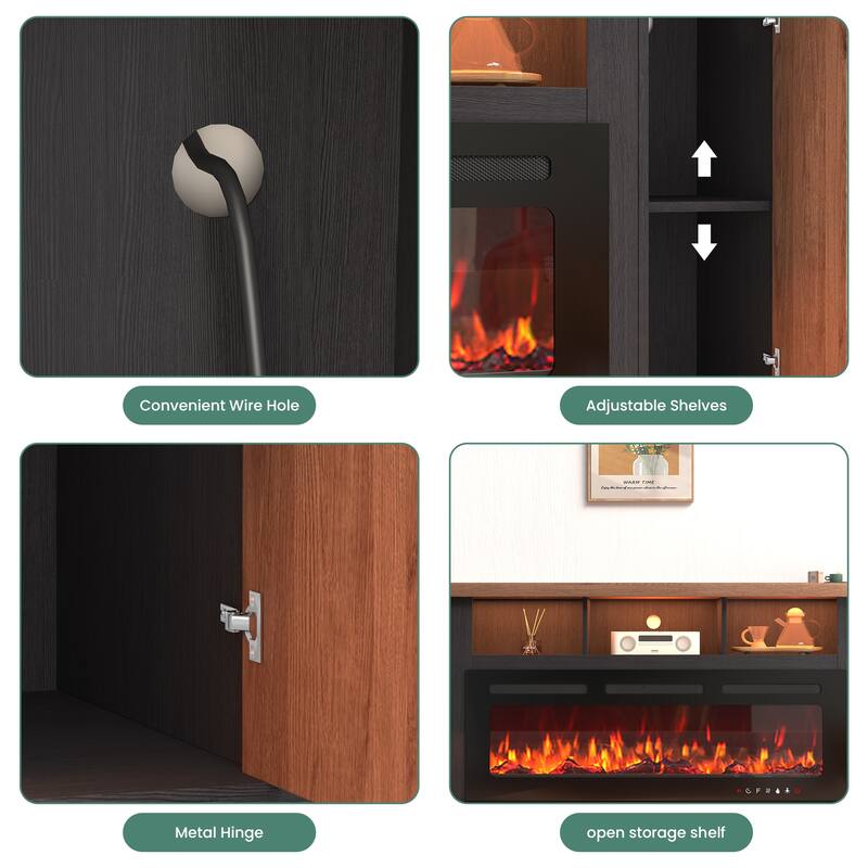 Traditional 70" TV Stand with 50" Electric Fireplace, Light Strips, Sockets, Open Shelves, and Cabinets for TVs up to 80"