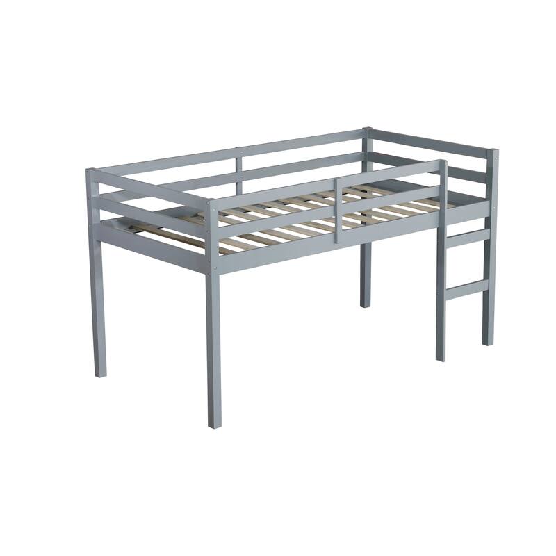 Grey Twin Loft Bed with Ladder and Strengthened Slats, Rubber Wood and Plywood, Low Height Design