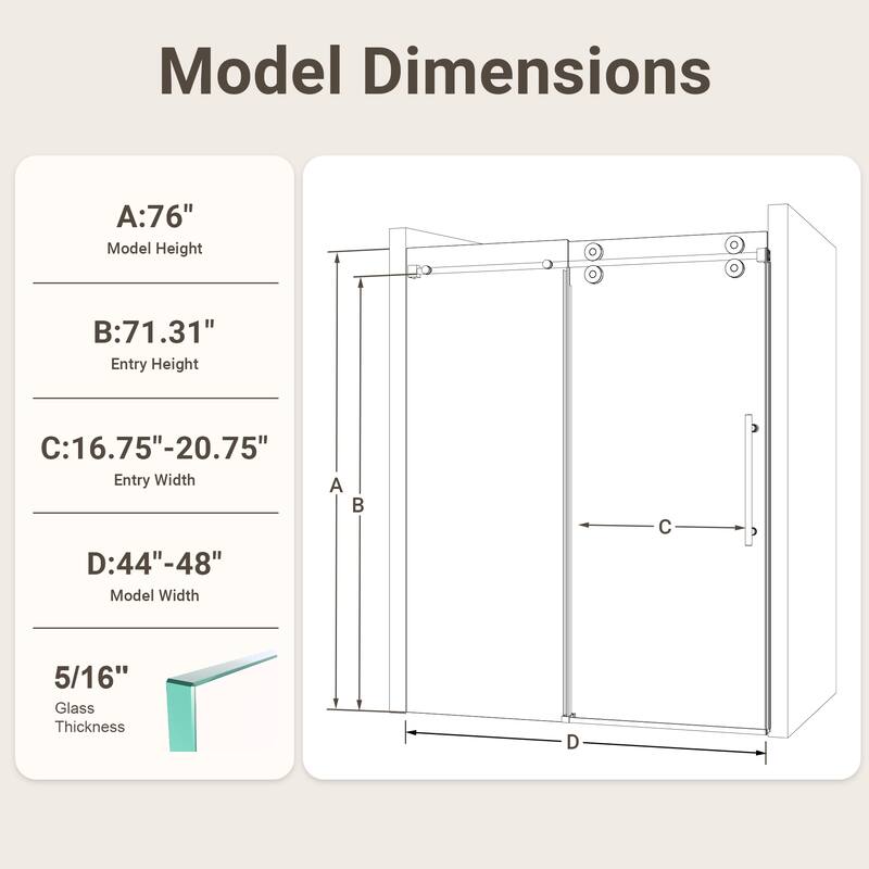 GDFStudio - Modern America Design Frameless Single Sliding Shower Door with 5/16" SGCC Tempered Glass & Stainless Steel Hardware
