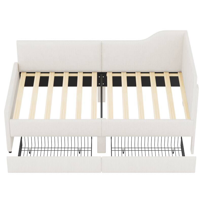 Pink Twin L-Shaped Upholstered Daybed with Corduroy Fabric and 2 Storage Drawers, Space-Saving Platform Bed Frame