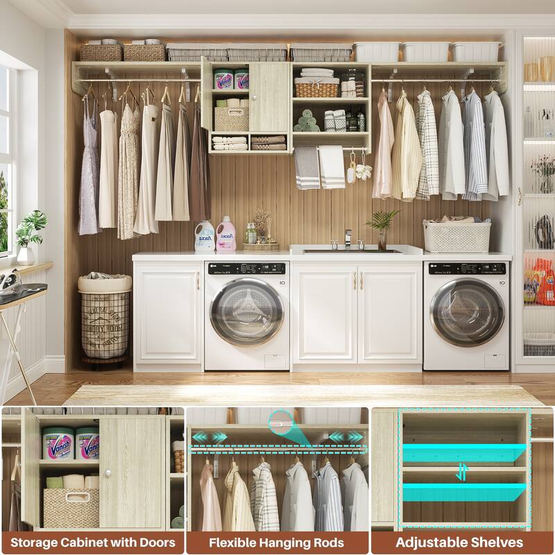 88.4'' - 117.8'' Closet System (Can Be Cut To Fit), Reversible Laundry Wall Cabinet with 3 Hanging Rods & Adjustable Shelves