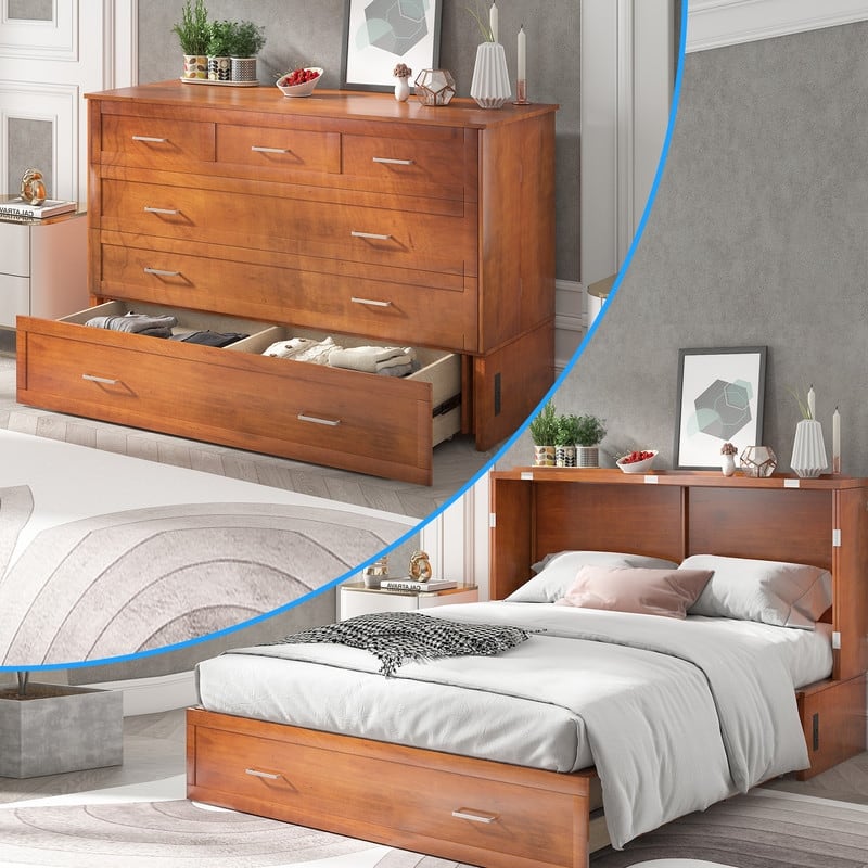 Mixoy Murphy Bed Cabinet Bed Chest with Mattress & Drawer - Cherry