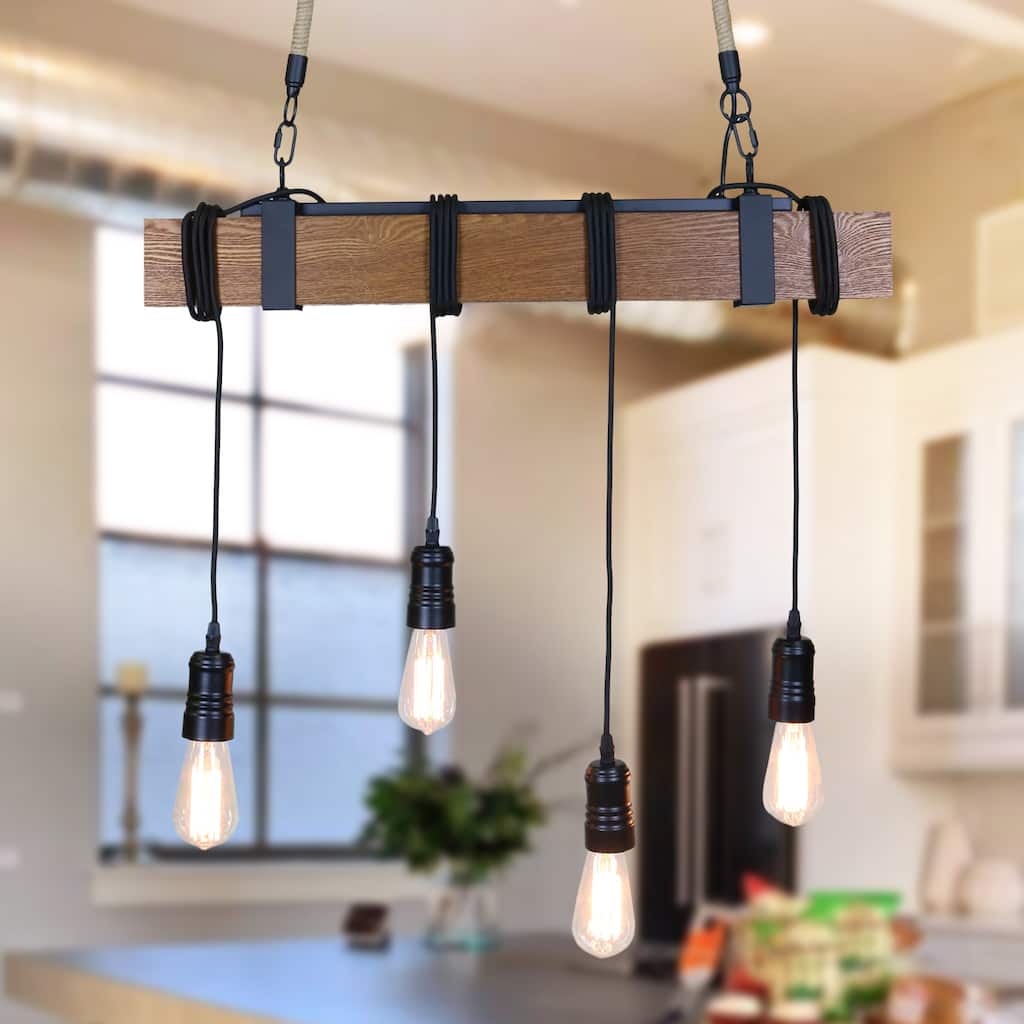 Zenia 4-Light Medium Stain Wood Beam and Natural Rope Anchor Chandelier