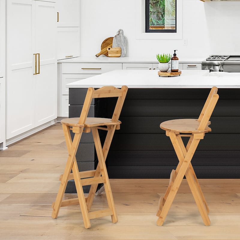 Gymax Set of 2 Bamboo Folding Barstools Counter Height Dining Chairs