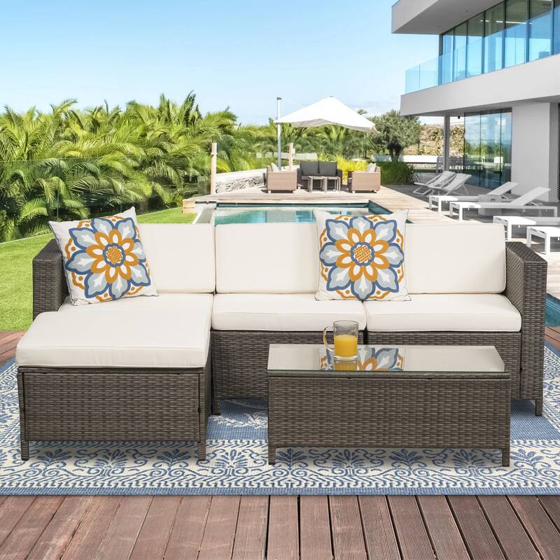 Royalcraft 5 Pieces Wicker Outdoor Sectional Sofa Sets - Beige/Brown
