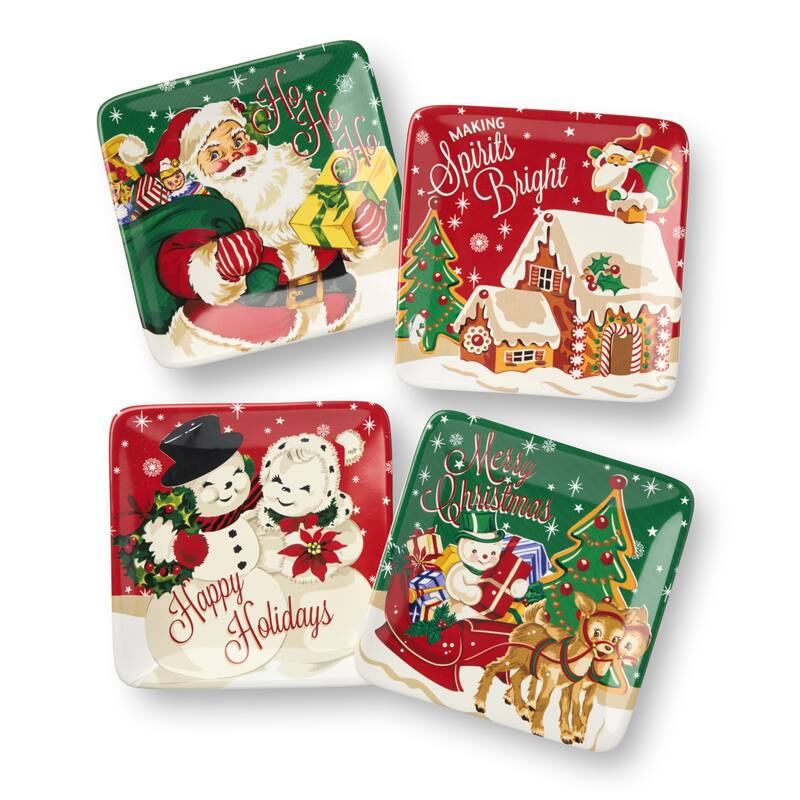 Certifed International Santa's Retro Christmas Set of 4 Canape/Appetizer/Luncheon Plates 6" Assorted Designs