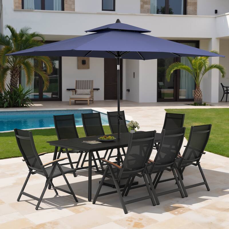 11PC Outdoor Patio Dining Set Aluminum Table with Folding Armchairs w/ Premium Market Umbrella Sets - BlackTable&BlackChairs&NavyBlueUmbrella