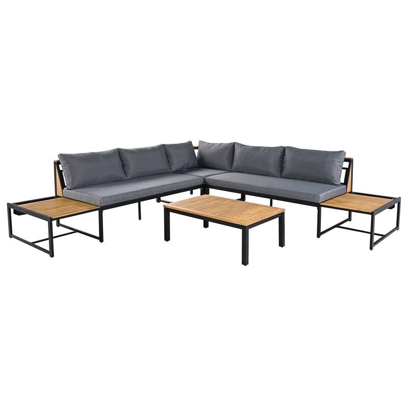 4-Piece Outdoor Patio Iron Sectional Sofa Set with Coffee Table and Side Storage Shelf