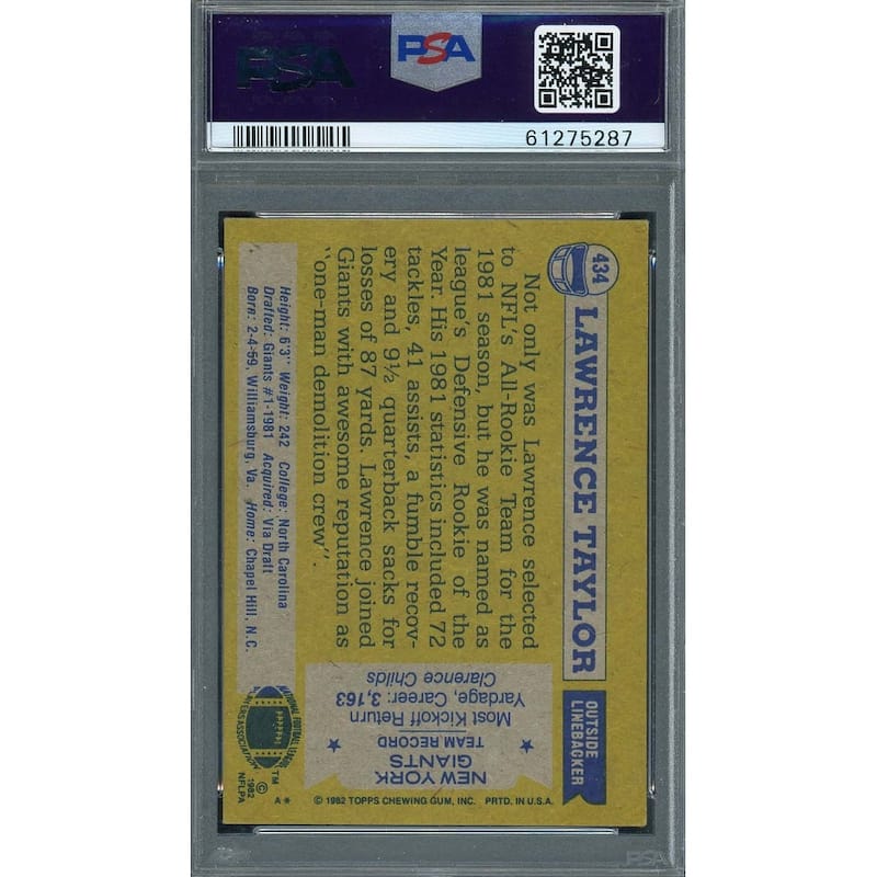 Lawrence Taylor 1982 Topps All-Pro Football Rookie Card RC #434 Graded PSA 5 - 8'6" x 11'6"