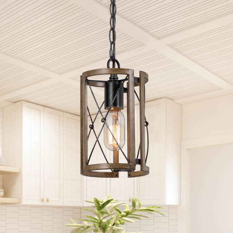 Modern Farmhouse Cylinder Pendant Light Wood Grain Island Light for Kitchen Island Dining Room