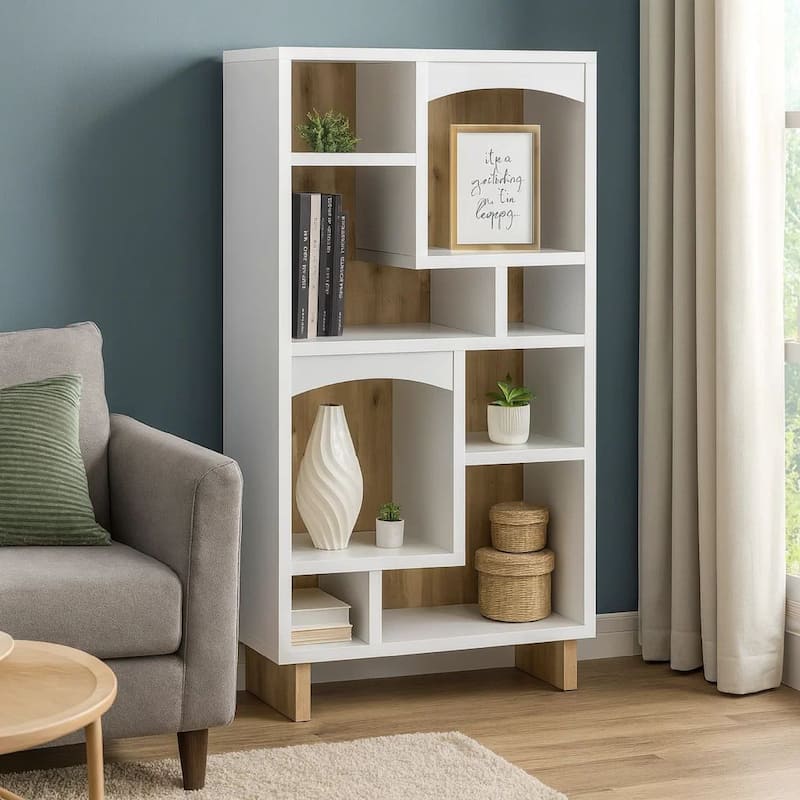 Aton Bookcase, Multiple Shelves and Compartments, Distressed White