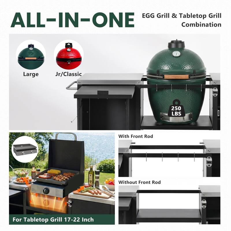 72.4"Large Grill Table for Large Big Green Egg,Metal Outdoor Grill Cart with Fold-out Prep Table,Adjustable Shelves,Spice Rack