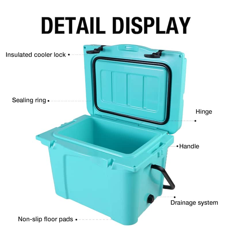 25QT Portable Cooler, Insulated Hard Cooler with Bottle Opener, Cup Holder, Forming Ruler, Travel, Beach, Camping, Fishing