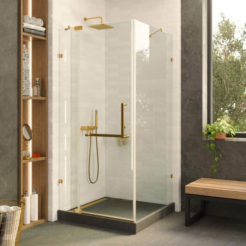 Fine Fixtures Frameless Glass Shower Enclosure - Tempered Glass - 34" x 34" - Satin Brass