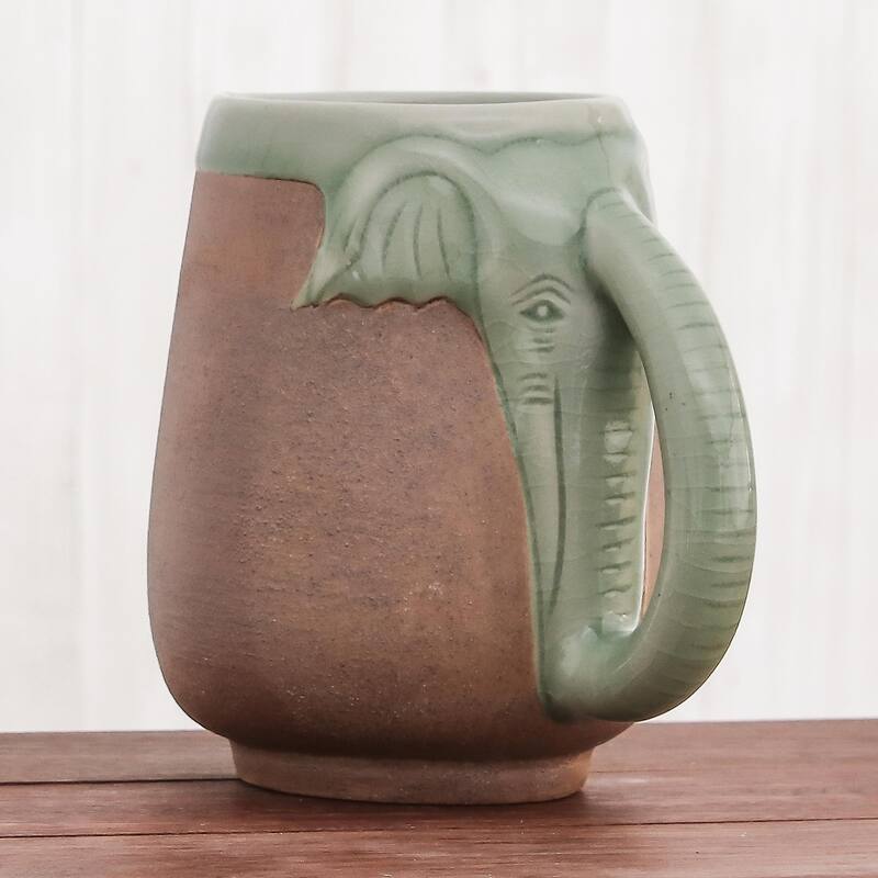 Novica Handmade Morning Elephant Celadon Ceramic Mug