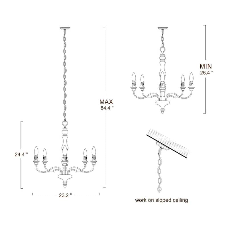 LALUZ Rustic 5-lights Candle Chandelier Distressed Hanging Pendant Lighting Fixture - D 23"* H 24.5"