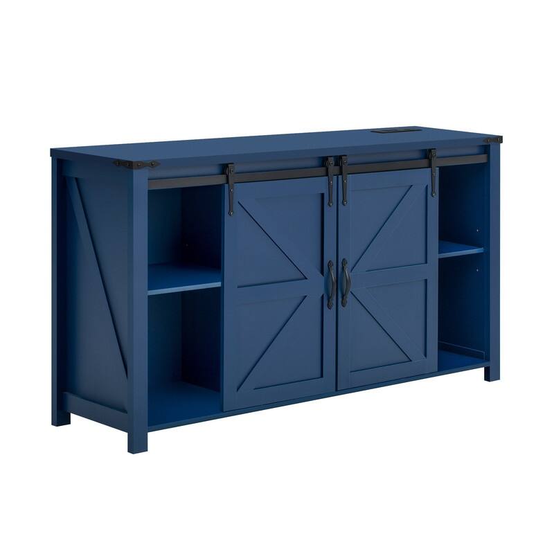 Farmhouse 55.1" Sideboard with Sliding Barn Doors and Storage Drawers, Wood Buffet Table with Power Outlet
