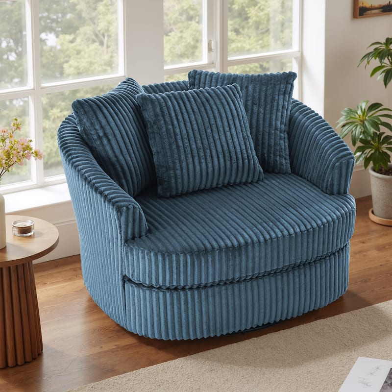 Oversized 43" W Plush Corduroy Recessed Arm Swivel Barrel Chair - Blue