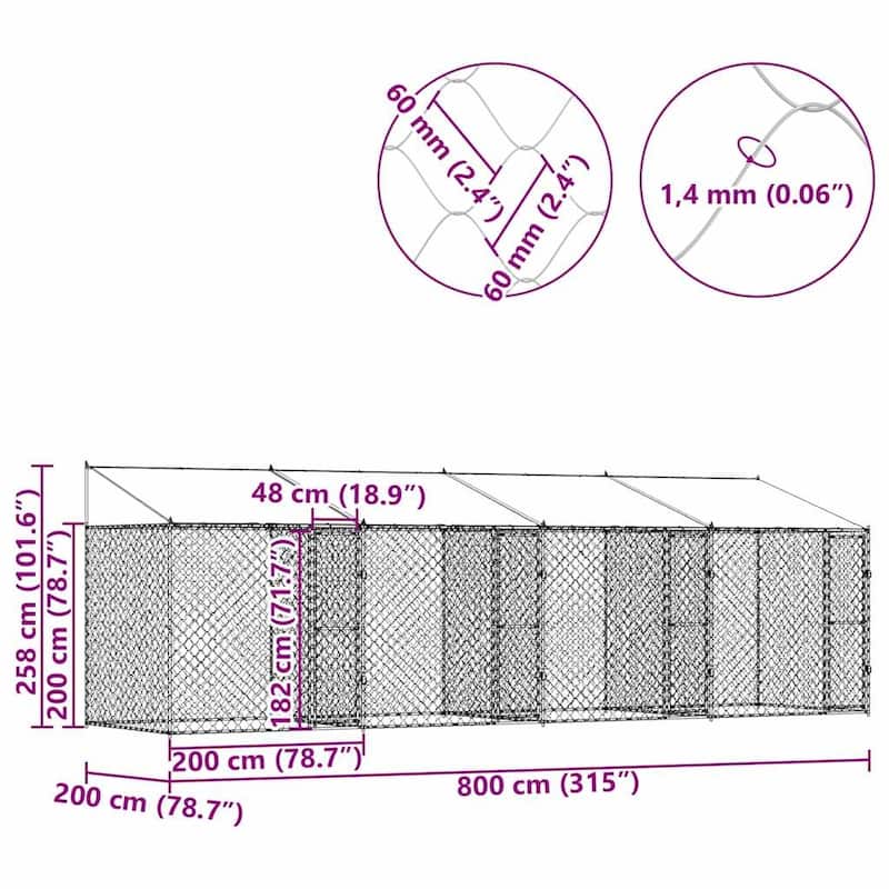 Dog Cage Silver 400/600/800 x 200 x 256 cm Galvanised Steel
