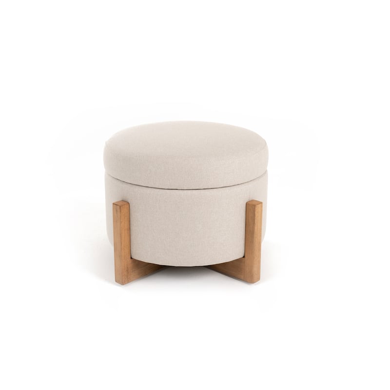 Modrest Sada Mid-Century Modern Beige Linen & Chestnut Round Ottoman
