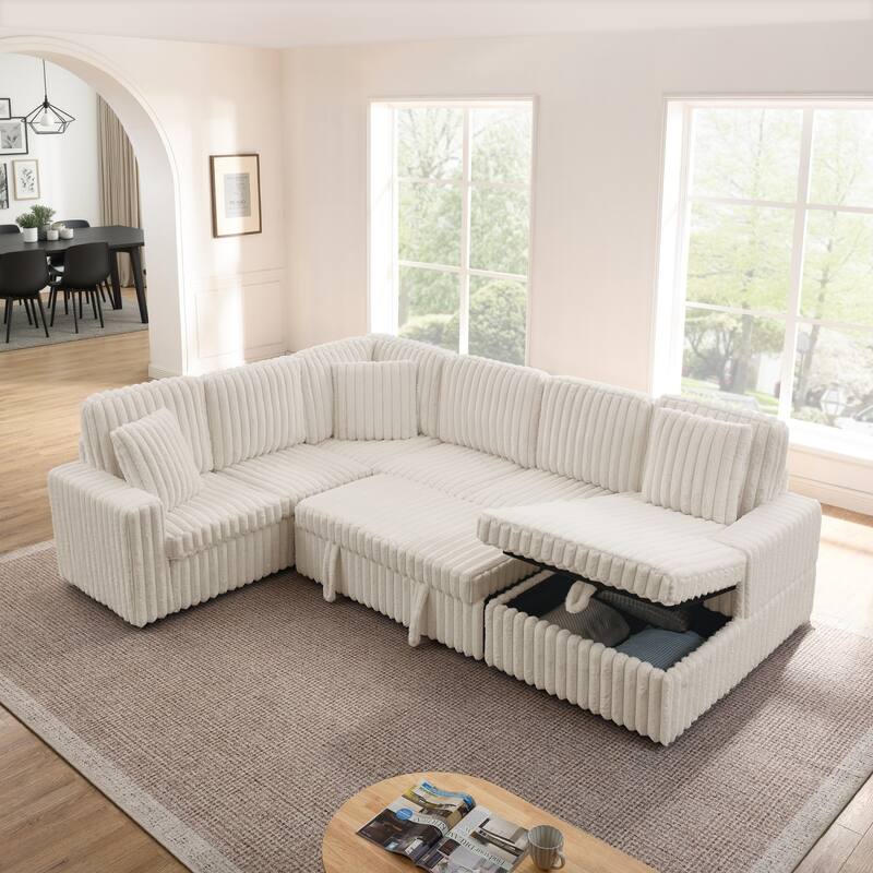 114” Modern Corduroy Striped U-shaped Combination Sofa with Pull-out Bed and Storage Chaise