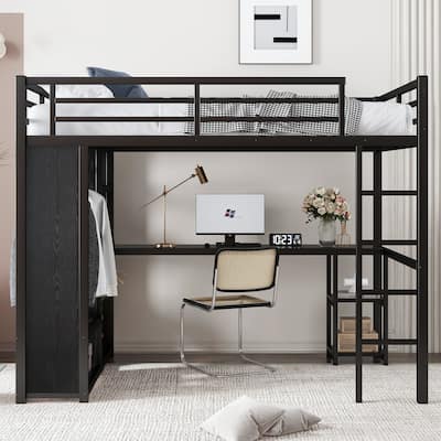 Full Metal Loft Bed Frame with Built-in Wardrobe, Desk and Shelves