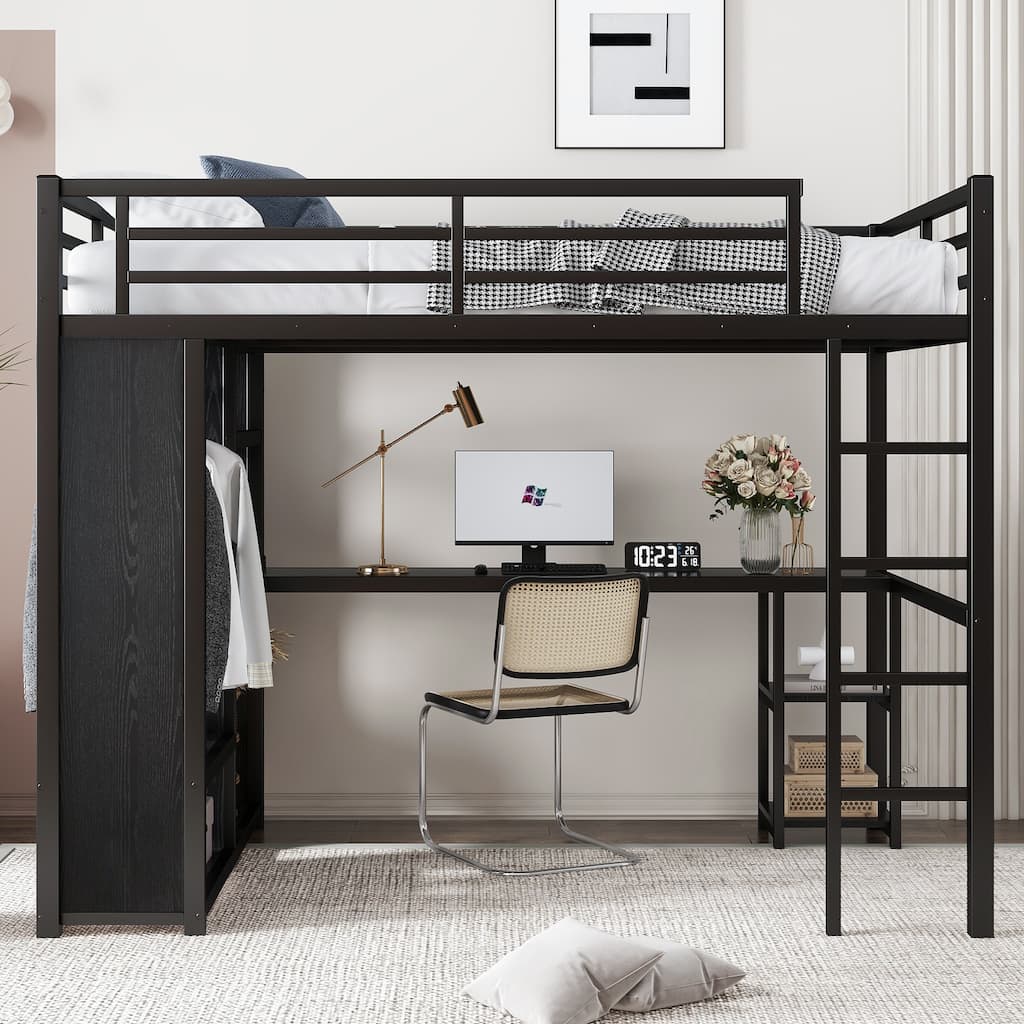 Full Metal Loft Bed Frame with Built-in Wardrobe, Desk and Shelves