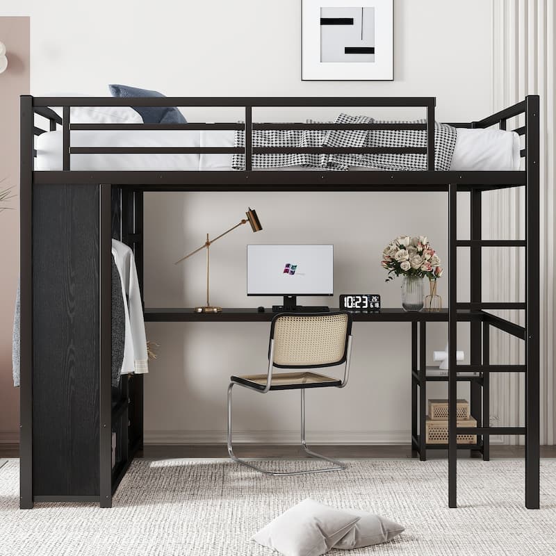 Loft Bed with Built-in Wardrobe, Desk, and Storage Shelves, Space-Saving Design