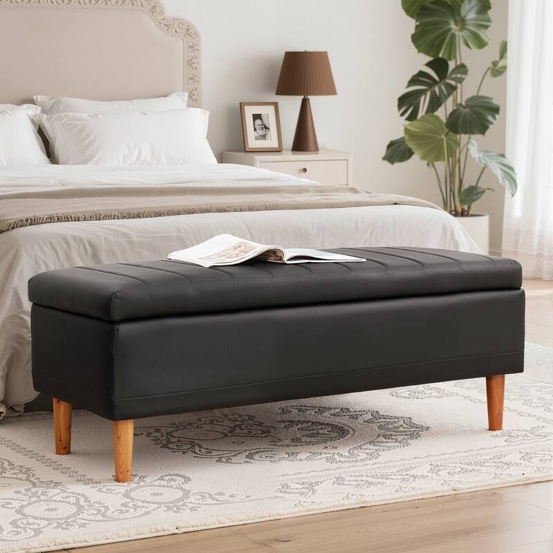 Javlergo Black Striped PU Leather Storage Bench with Lift Top Wooden Legs & 1.6" Cushion Multi-Functional for Bedroom Entryway