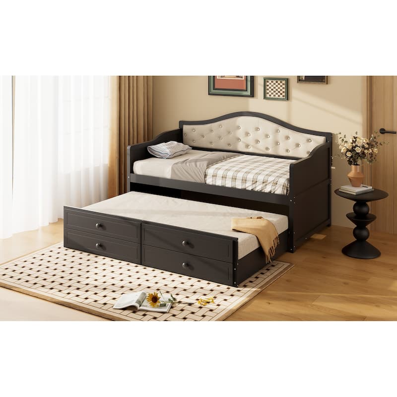 Twin Daybed with Trundle, Twin Size Daybed with 2 Storage Drawers, Wooden Sofa Bed with Upholstered Button Tufted Backrest