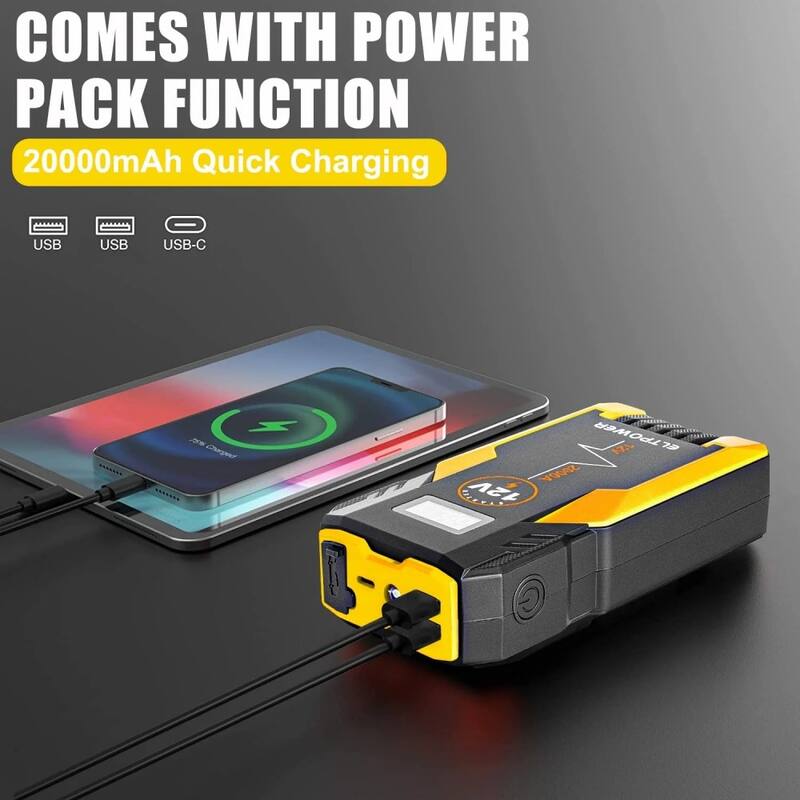 20000mAh Car Jump Starter, 2000A Peak for 9L Gas/7L Diesel, LED Light