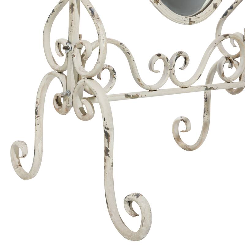White Metal Oval Scroll Room Floor Mirror with Stand
