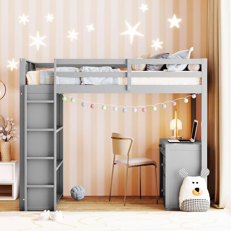 Twin/Full Size Loft Bed with Desk & Shelves for Kids/Adults, Wood Loft Beds w/Guardrails & Ladder for Dorm,Bedroom,Guest Room - Gray - Twin