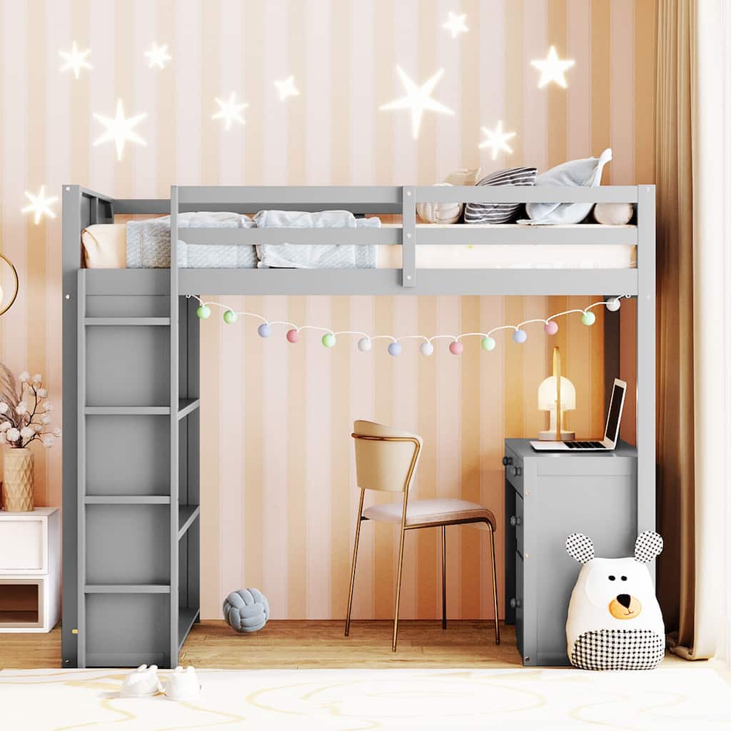 Twin/Full Size Loft Bed with Desk & Shelves for Kids/Adults, Wood Loft Beds w/Guardrails & Ladder for Dorm,Bedroom,Guest Room