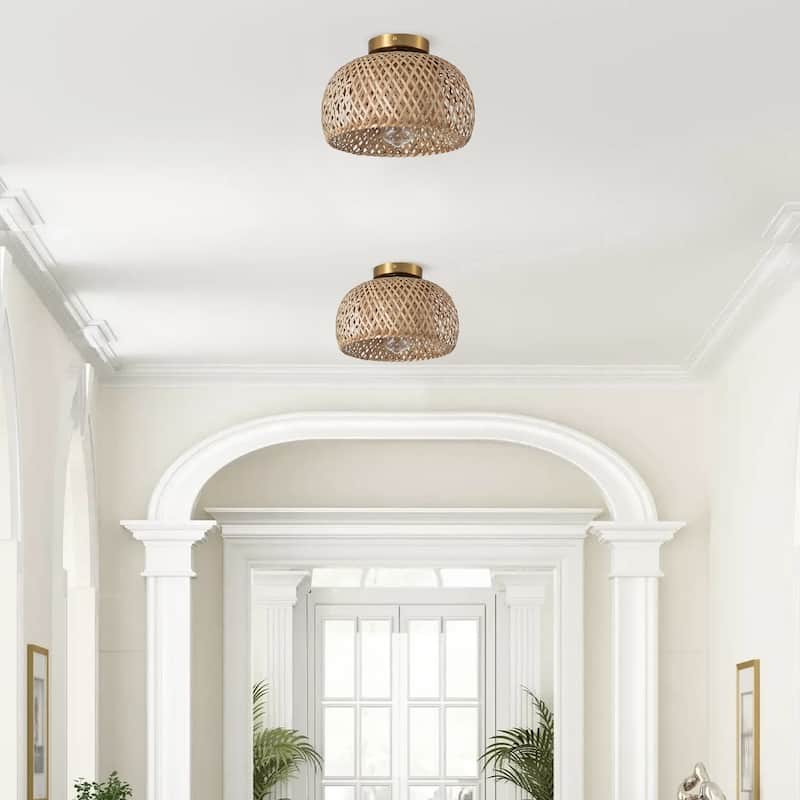 Farmhouse 1-Light Hand-Woven Semi Flush Mount Ceiling Light with Natural Bamboo Shade