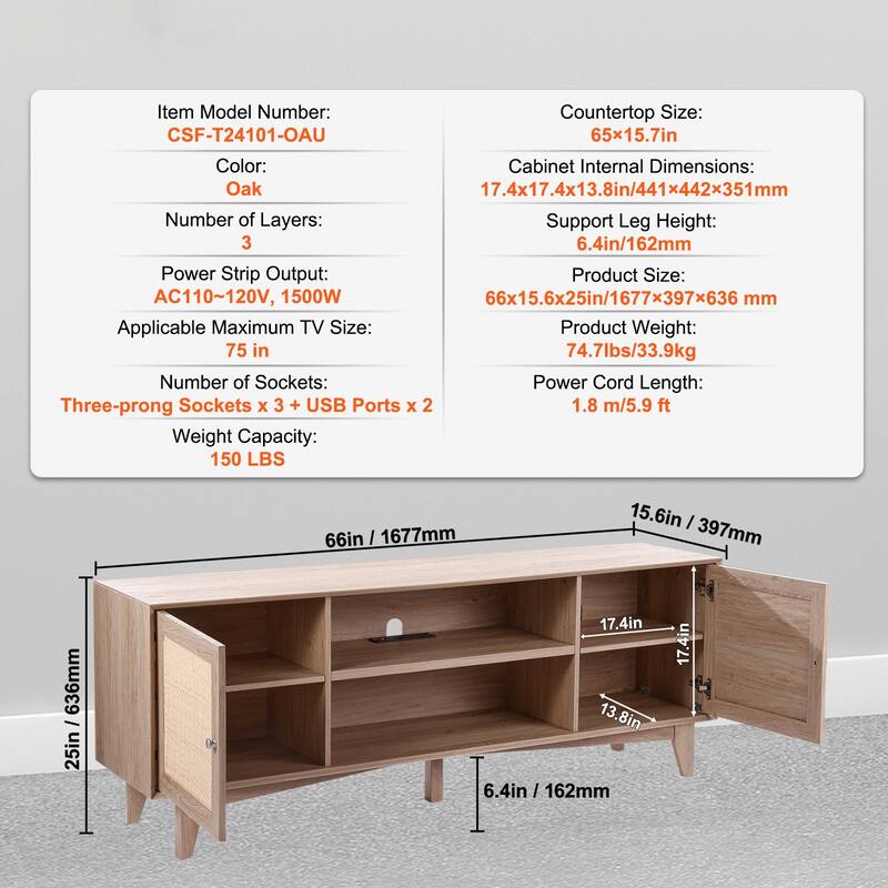 Rattan TV Stand, Mid Century Modern TV Stand, Boho Rattan TV Cabinet with Build-in Socket and USB Ports, Adjustable Shelfs